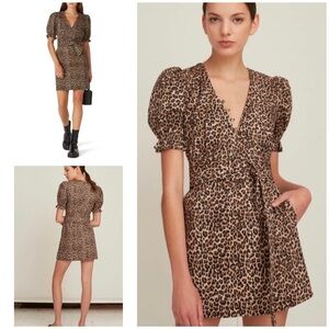 EUC Marissa Webb Leopard Print  V Neck Short Sleeves Brown Belted Mini Dress 4‌‌